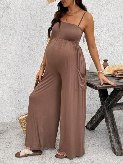 Royal Blue High-Stretch Maternity Halter Jumpsuit – Loose Fit Capri Length Unitard with Pockets & Draped Detail for Yoga, Casual Wear, or Night Out
