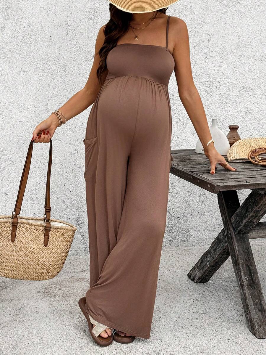 Royal Blue High-Stretch Maternity Halter Jumpsuit – Loose Fit Capri Length Unitard with Pockets & Draped Detail for Yoga, Casual Wear, or Night Out