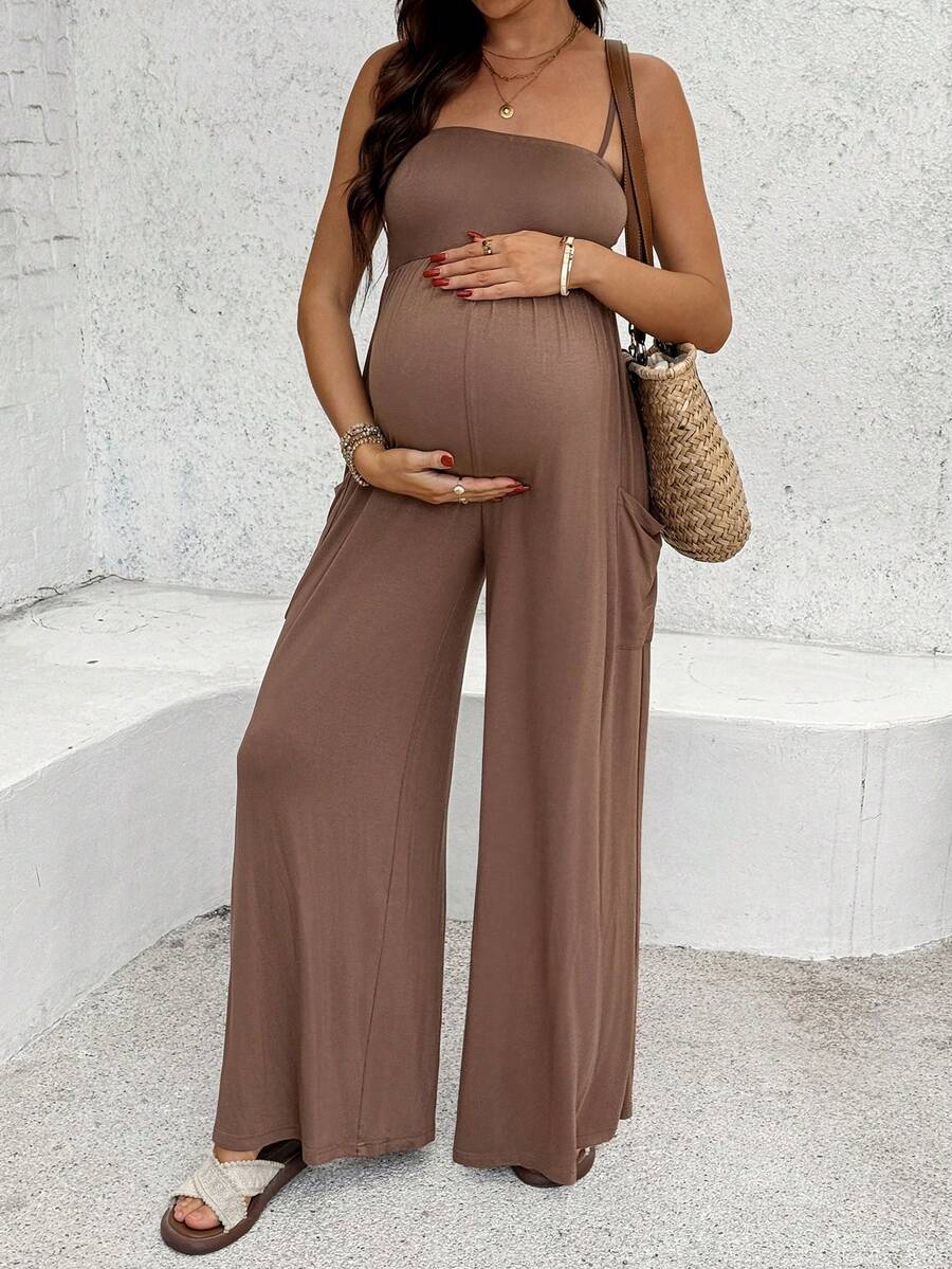 Royal Blue High-Stretch Maternity Halter Jumpsuit – Loose Fit Capri Length Unitard with Pockets & Draped Detail for Yoga, Casual Wear, or Night Out