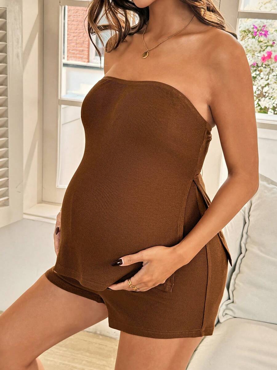 Maternity Black Ribbed Knit Tube Top and Adjustable Waist Mini Shorts Set - Slim Fit Strapless Two Piece Pregnancy Lounge Outfit