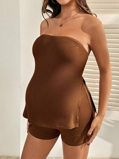 Maternity 2-Piece Set - Bandeau Top & Mini Shorts, Off Shoulder, Slim Fit, Brown