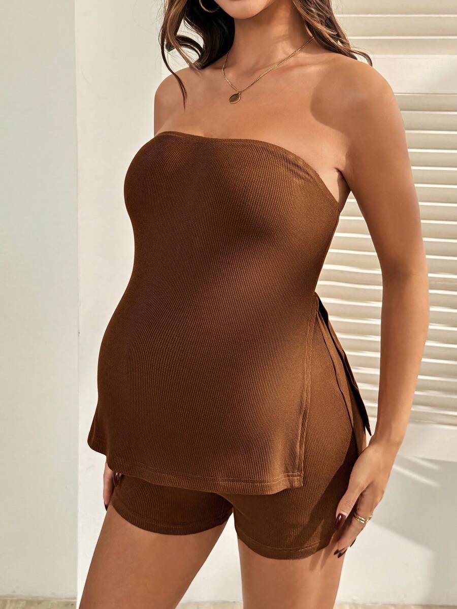 Maternity Black Ribbed Knit Tube Top and Adjustable Waist Mini Shorts Set - Slim Fit Strapless Two Piece Pregnancy Lounge Outfit