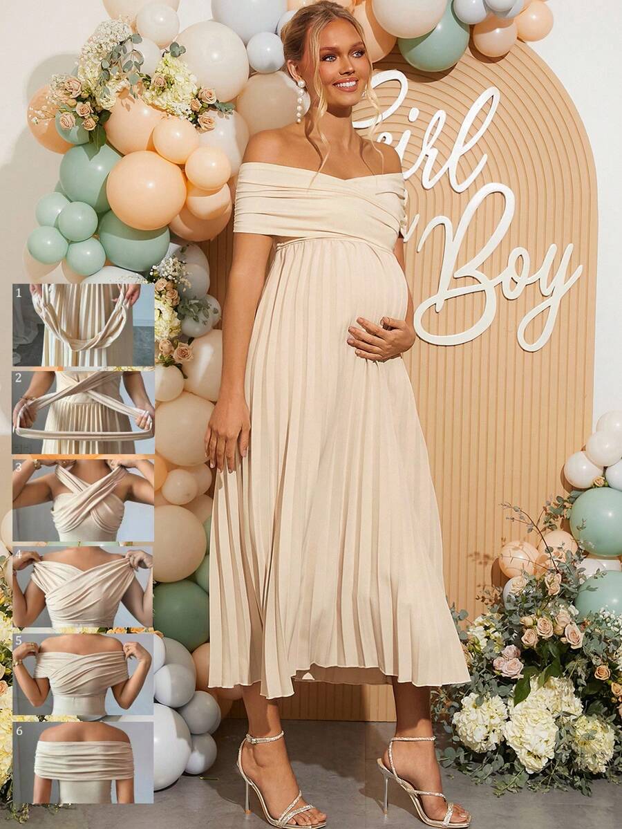 Maternity Off Shoulder Pleated Short Sleeve Dress Solid Color Slim Fit Elegant Pregnancy Gown for Baby Shower Gender Reveal Party Summer