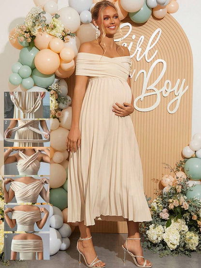Maternity Off Shoulder Pleated Short Sleeve Dress Solid Color Slim Fit Elegant Pregnancy Gown for Baby Shower Gender Reveal Party Summer