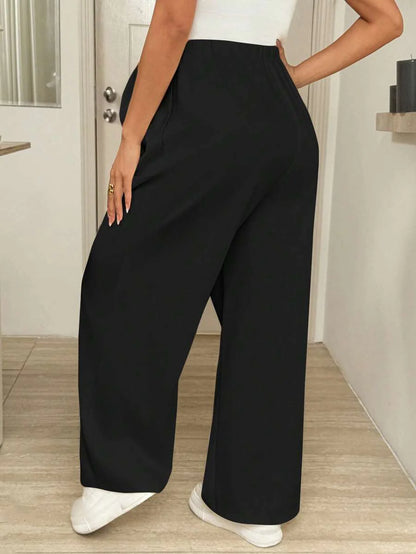 Maternity Wide Leg Pants - Drawstring Waist, Loose Fit, Pocket, Army Green