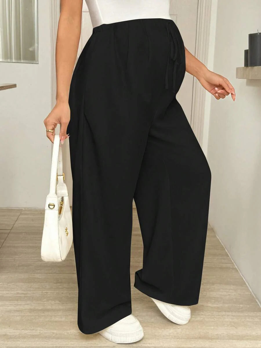 Maternity Wide Leg Pants - Drawstring Waist, Loose Fit, Pocket, Army Green