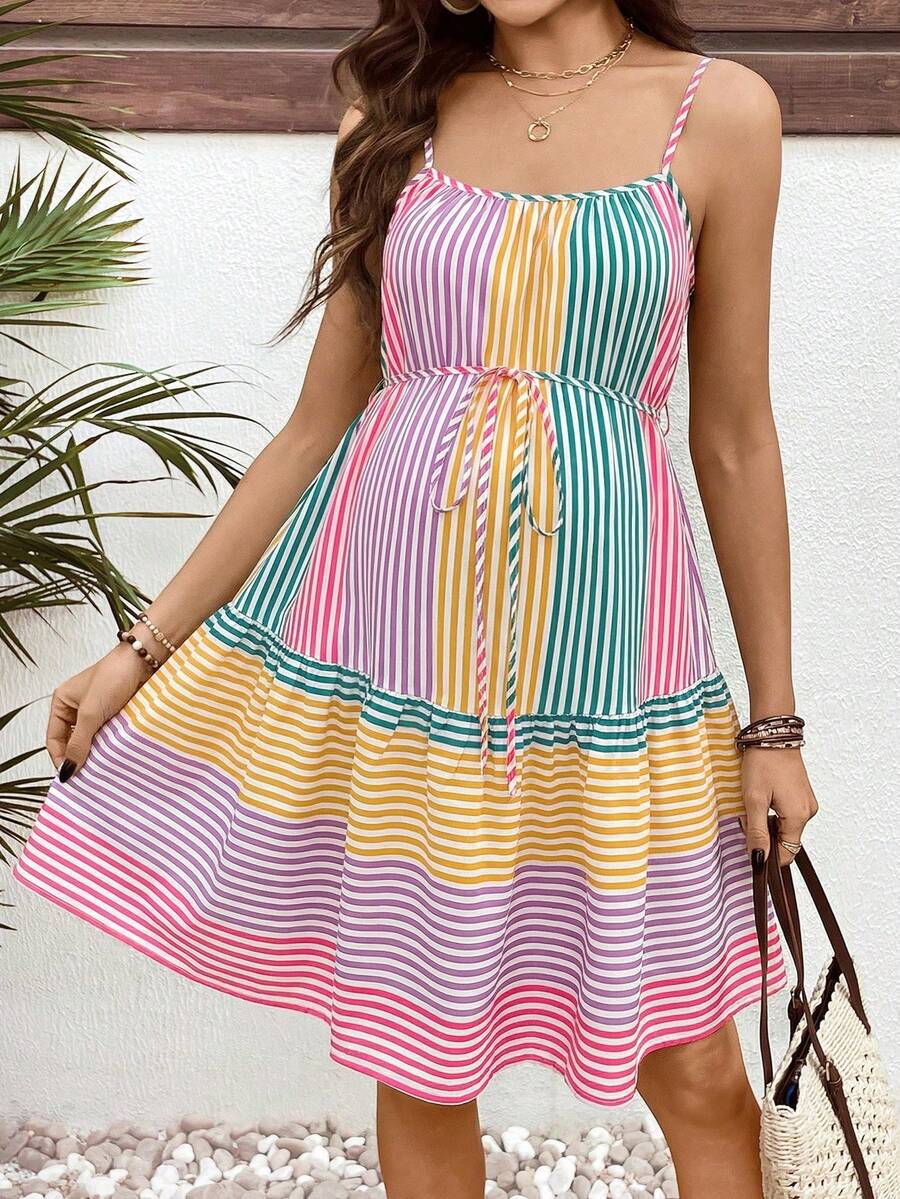 Rainbow Striped Ruffle Hem Maternity Mini Dress - Boho Spaghetti Strap High Waist Summer Vacation Beach Sundress