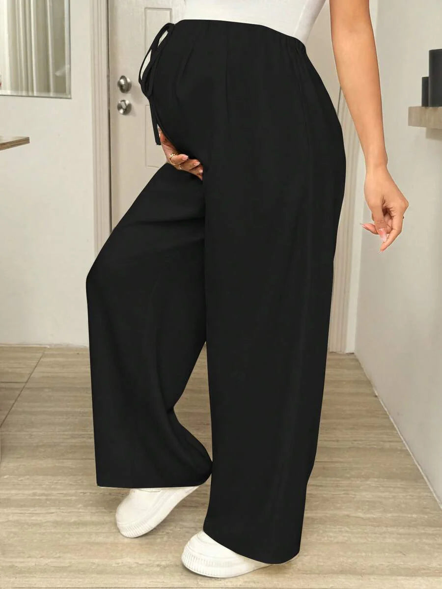 Maternity Wide Leg Pants - Drawstring Waist, Loose Fit, Pocket, Army Green