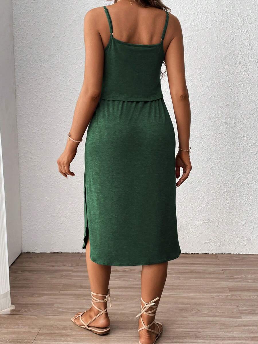 Women's Red Square Neck Nursing Dress - Sleeveless Midi Maternity Sundress with Drawstring and Side Slit - Casual Knit Beach Maternity Dress