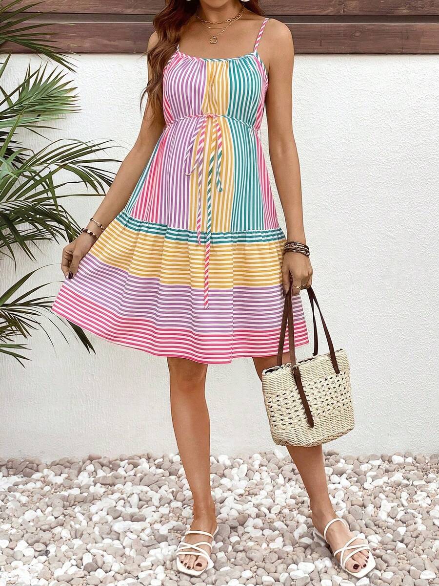 Rainbow Striped Ruffle Hem Maternity Mini Dress - Boho Spaghetti Strap High Waist Summer Vacation Beach Sundress