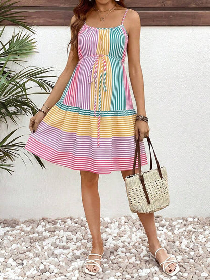 Rainbow Striped Ruffle Hem Maternity Mini Dress - Boho Spaghetti Strap High Waist Summer Vacation Beach Sundress