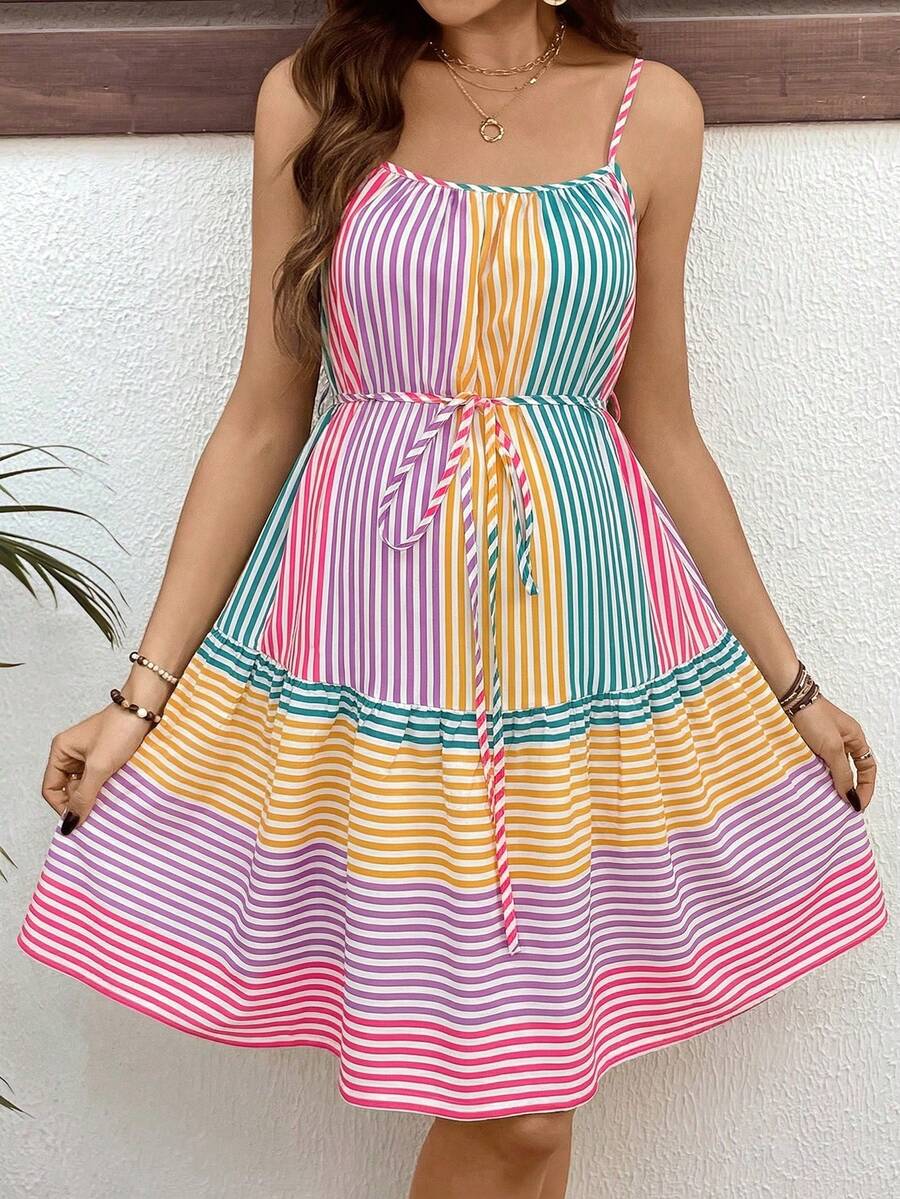 Rainbow Striped Ruffle Hem Maternity Mini Dress - Boho Spaghetti Strap High Waist Summer Vacation Beach Sundress