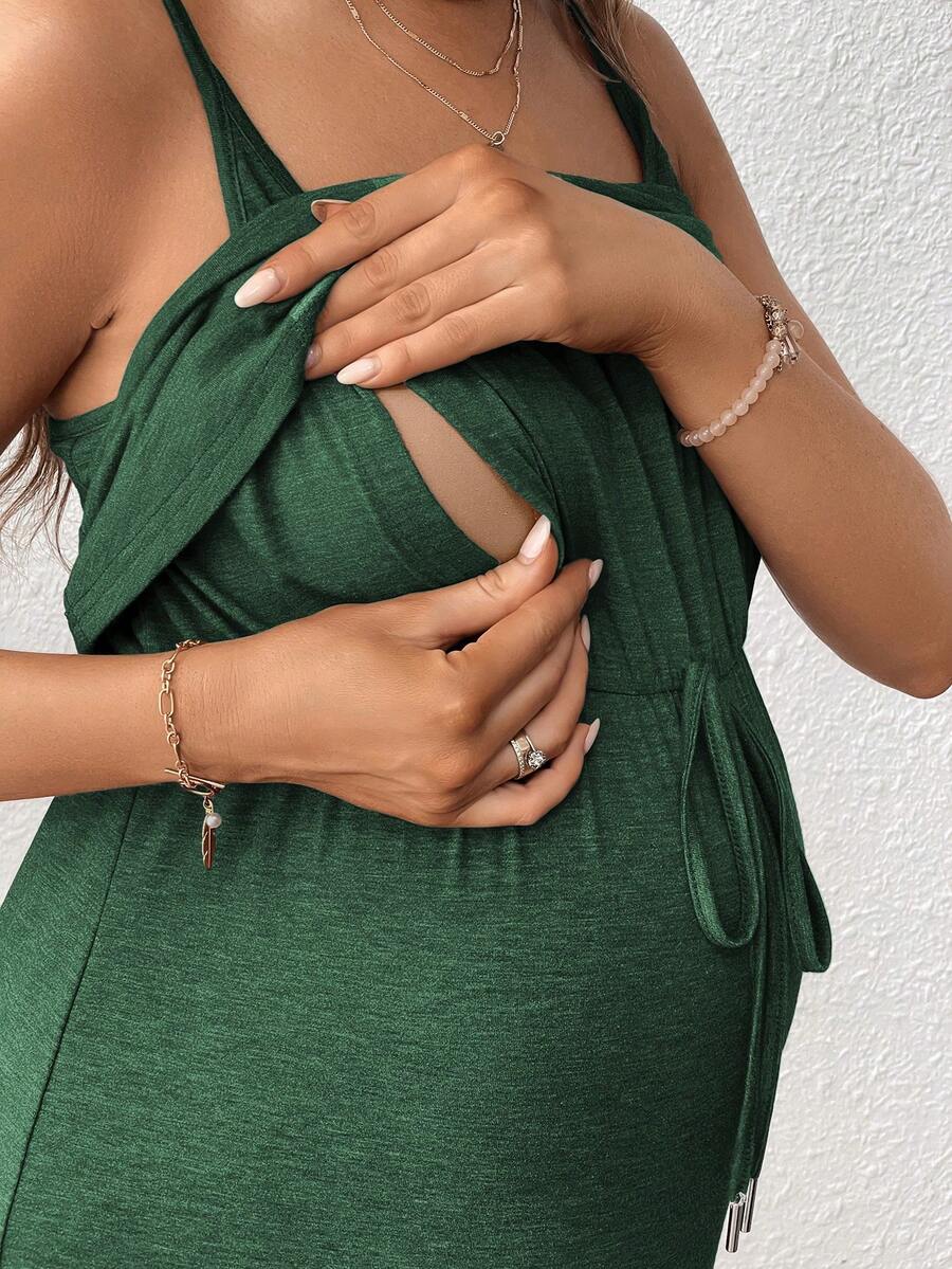 Women's Red Square Neck Nursing Dress - Sleeveless Midi Maternity Sundress with Drawstring and Side Slit - Casual Knit Beach Maternity Dress