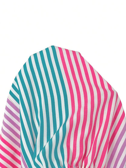 Rainbow Striped Ruffle Hem Maternity Mini Dress - Boho Spaghetti Strap High Waist Summer Vacation Beach Sundress