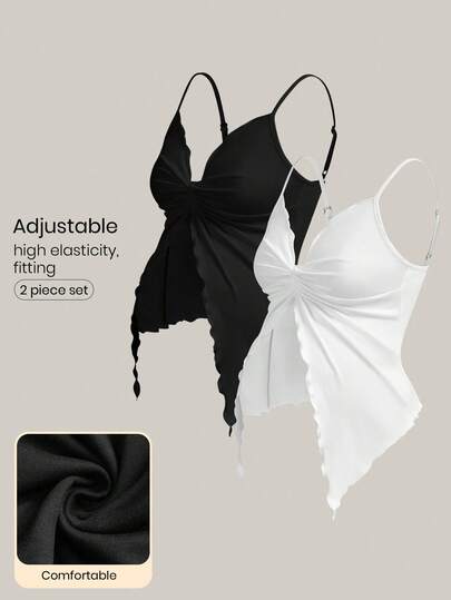 2-Piece Maternity Twist Front Asymmetrical Camisole Set - Elegant Black & White Open Hem Cami Tops with Adjustable Straps