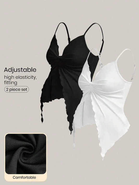 2-Piece Maternity Twist Front Asymmetrical Camisole Set - Elegant Black & White Open Hem Cami Tops with Adjustable Straps