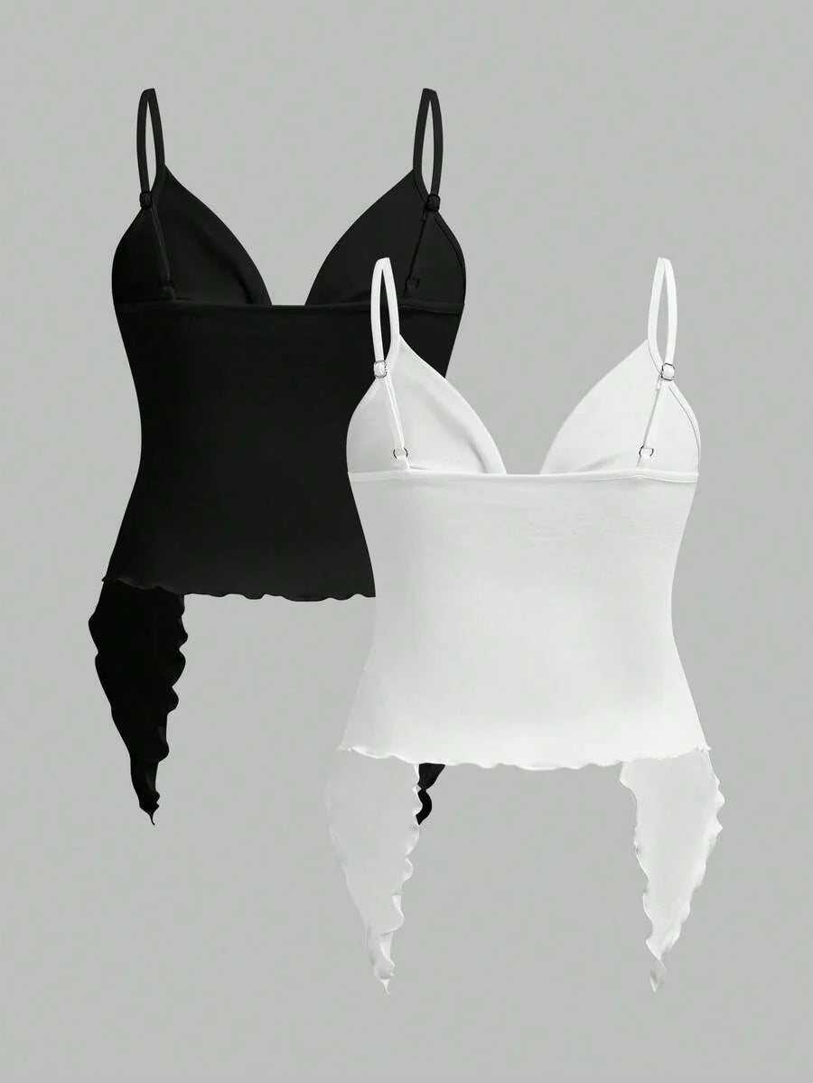 2-Piece Maternity Twist Front Asymmetrical Camisole Set - Elegant Black & White Open Hem Cami Tops with Adjustable Straps