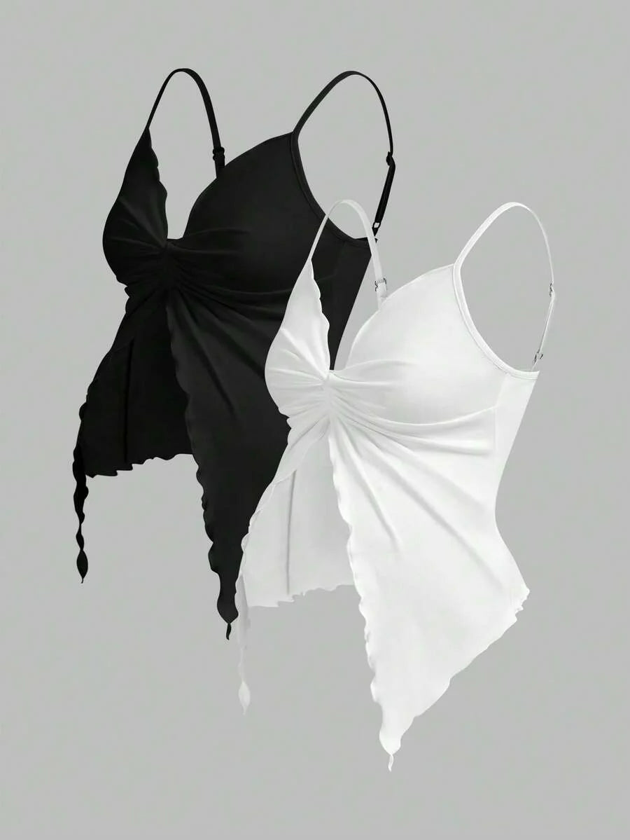 2-Piece Maternity Twist Front Asymmetrical Camisole Set - Elegant Black & White Open Hem Cami Tops with Adjustable Straps