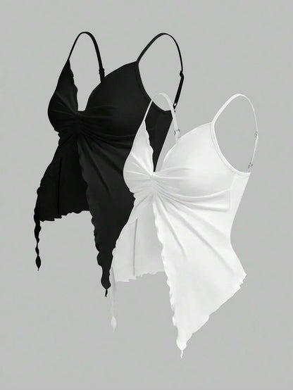 2-Piece Maternity Twist Front Asymmetrical Camisole Set - Elegant Black & White Open Hem Cami Tops with Adjustable Straps