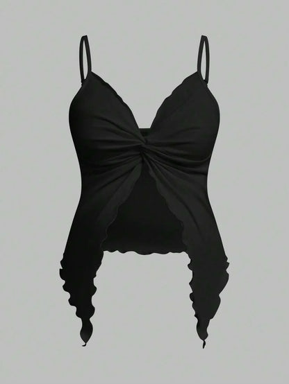 2-Piece Maternity Twist Front Asymmetrical Camisole Set - Elegant Black & White Open Hem Cami Tops with Adjustable Straps
