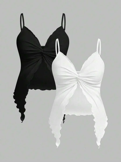 2-Piece Maternity Twist Front Asymmetrical Camisole Set - Elegant Black & White Open Hem Cami Tops with Adjustable Straps
