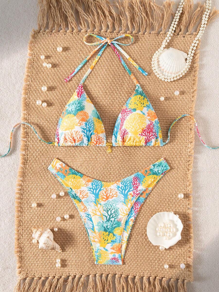 Swim Mod Summer 2 Pieces Outfits For Women - Spaghetti Strap Random Print Top And High Cut Swim Bottoms, Beach Holiday Bikini Set