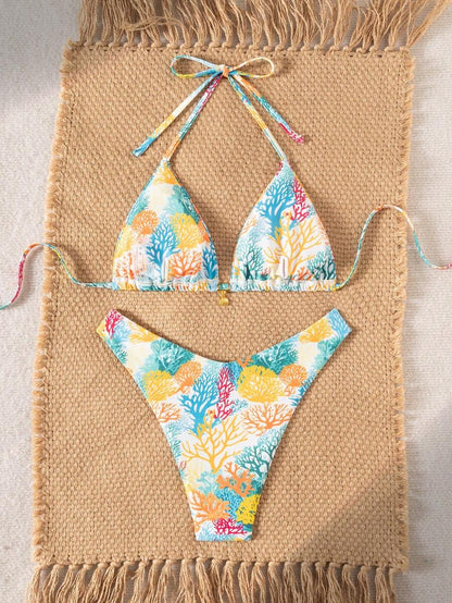 Swim Vcay Swim Mod Summer 2pcs Halter Random Floral Print & High Cut Bottoms Bikini Set, Beach Vacation