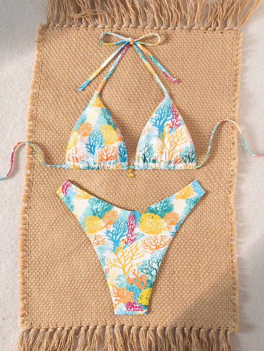 Swim Mod Summer 2 Pieces Outfits For Women - Spaghetti Strap Random Print Top And High Cut Swim Bottoms, Beach Holiday Bikini Set