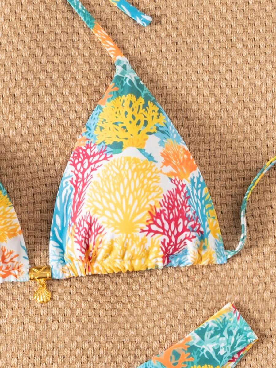 Swim Vcay Swim Mod Summer 2pcs Halter Random Floral Print & High Cut Bottoms Bikini Set, Beach Vacation