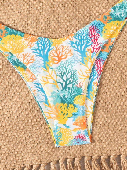 Swim Vcay Swim Mod Summer 2pcs Halter Random Floral Print & High Cut Bottoms Bikini Set, Beach Vacation