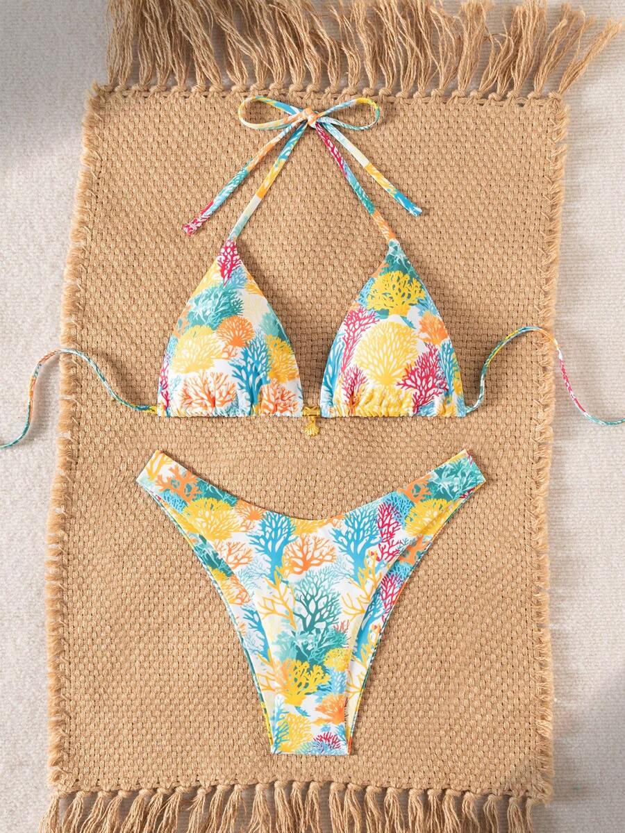 Swim Mod Summer 2 Pieces Outfits For Women - Spaghetti Strap Random Print Top And High Cut Swim Bottoms, Beach Holiday Bikini Set