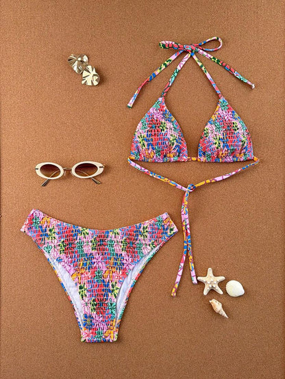 Swim Vcay 2026 Spring/Summer Women's Spaghetti Strap Halter Neck Black Base White Polka Dot Random Print Sweet Cute Side High Cut Bikini Swimwear 2-Piece Set Vacation Bikini Set Pink Bikini Set High Leg Bikini Set Modest Bikini Set Bikini Set