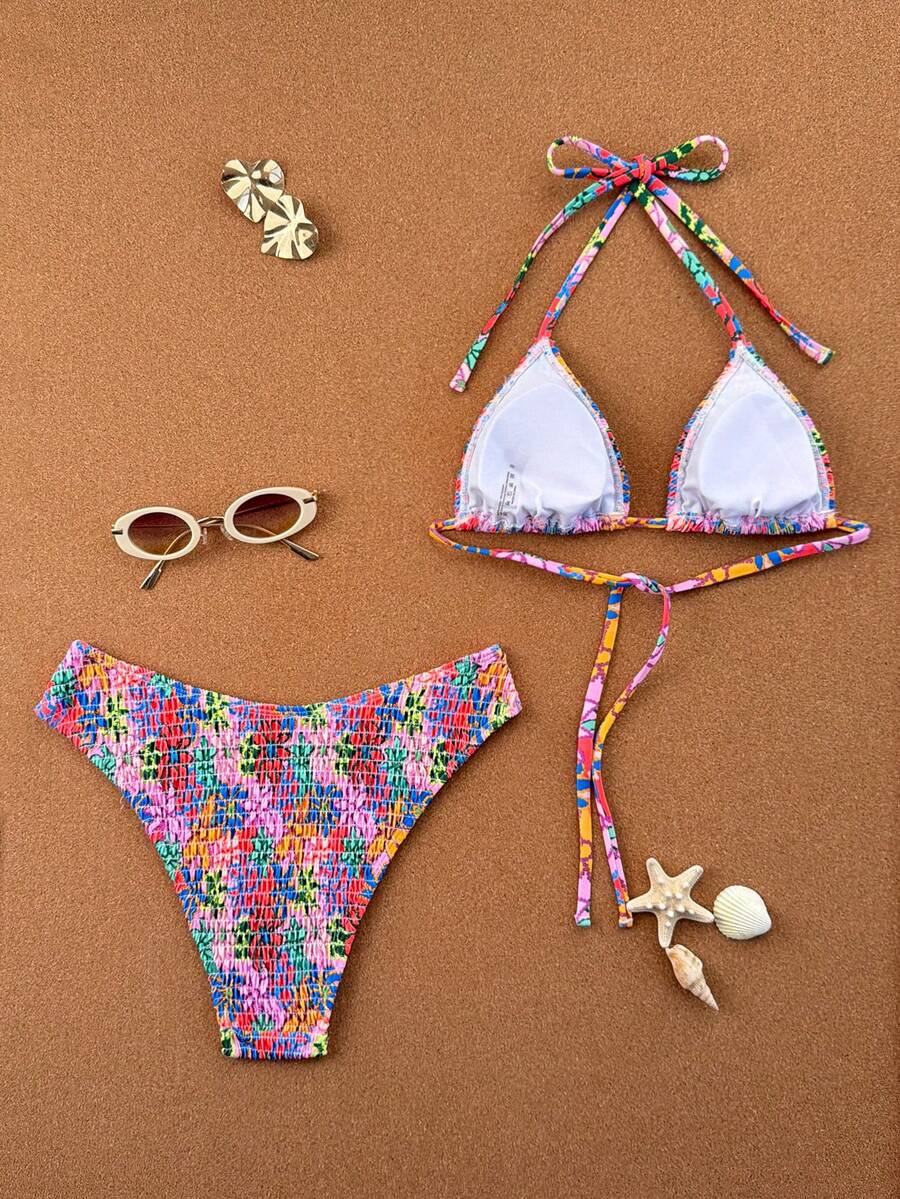 Swim Vcay 2026 Spring/Summer Women's Spaghetti Strap Halter Neck Black Base White Polka Dot Random Print Sweet Cute Side High Cut Bikini Swimwear 2-Piece Set Vacation Bikini Set Pink Bikini Set High Leg Bikini Set Modest Bikini Set Bikini Set