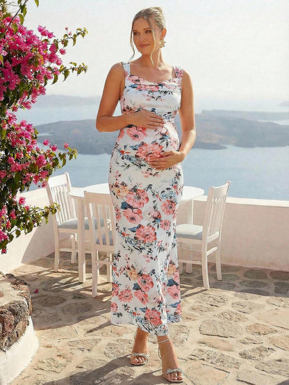 Maternity Floral Print Sweetheart Neck Elegant Sleeveless Bodycon Mermaid Dress for Baby Shower and Gender Reveal
