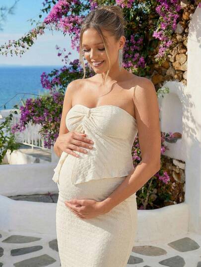 Maternity Apricot Bandeau Top and Ruched Hem Long Skirt 2 Piece Set for Baby Shower Gender Reveal and Photoshoot