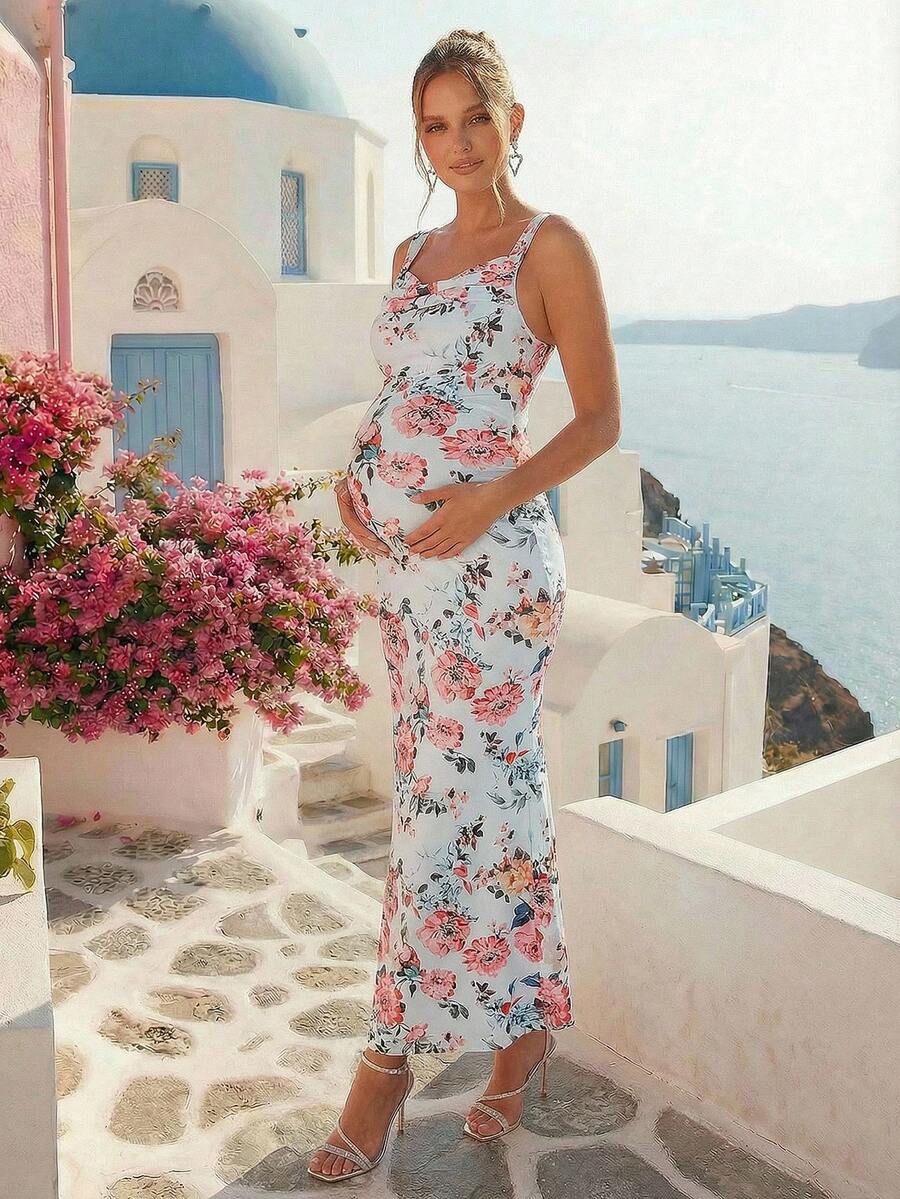 Maternity Floral Print Sweetheart Neck Elegant Sleeveless Bodycon Mermaid Dress for Baby Shower and Gender Reveal
