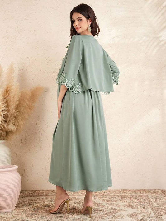 Maternity 2-Piece Set - Pleated Long Dress & Lace Trim Crop Jacket, Floral, Mint Green