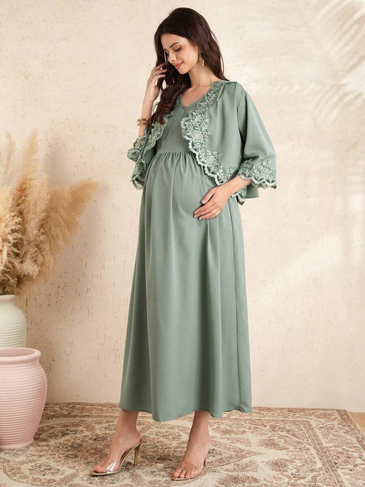Maternity 2-Piece Set - Pleated Long Dress & Lace Trim Crop Jacket, Floral, Mint Green