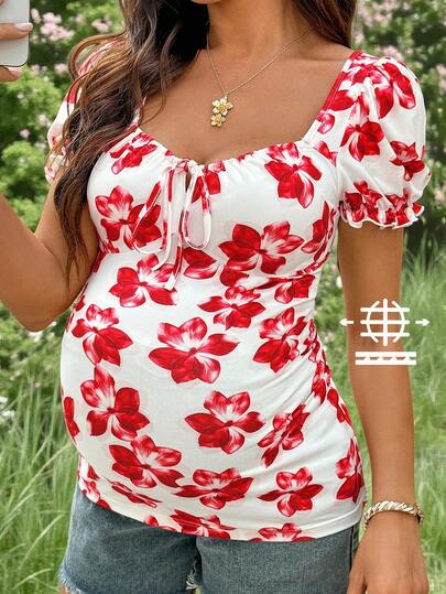 Red Floral Print U-Neck Short Puff Sleeve Maternity T-Shirt Slim Fit Knitted Casual Summer Top with Bow Front