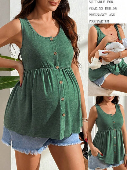 Black Nursing Maternity Tank Top with Scoop Neck and Lace Up Detail Slim Fit High Stretch Postpartum Sleeveless Vest for Home Casual Wear