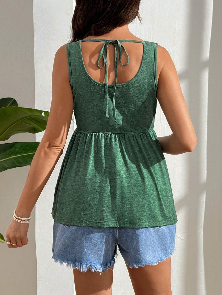 Black Nursing Maternity Tank Top with Scoop Neck and Lace Up Detail Slim Fit High Stretch Postpartum Sleeveless Vest for Home Casual Wear