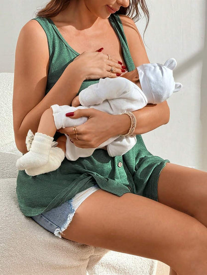 Black Nursing Maternity Tank Top with Scoop Neck and Lace Up Detail Slim Fit High Stretch Postpartum Sleeveless Vest for Home Casual Wear