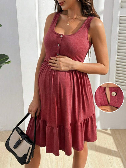 Maternity Nursing Dress - Solid Color Minimalist Sleeveless, Burgundy