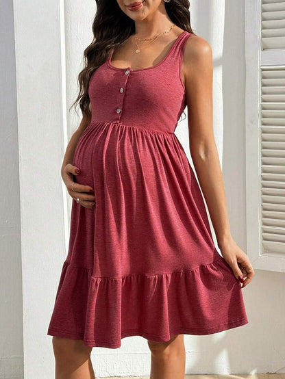 Blue Button Front Nursing Dress - Slim Fit Square Neck Maternity Summer Dress - High Stretch Sleeveless Ribbed Knit Bump Friendly Mini Dress