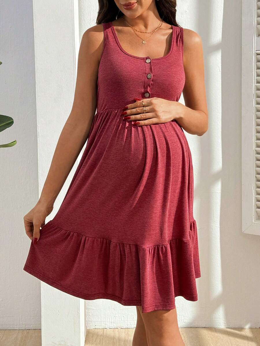 Maternity Nursing Dress - Solid Color Minimalist Sleeveless, Burgundy