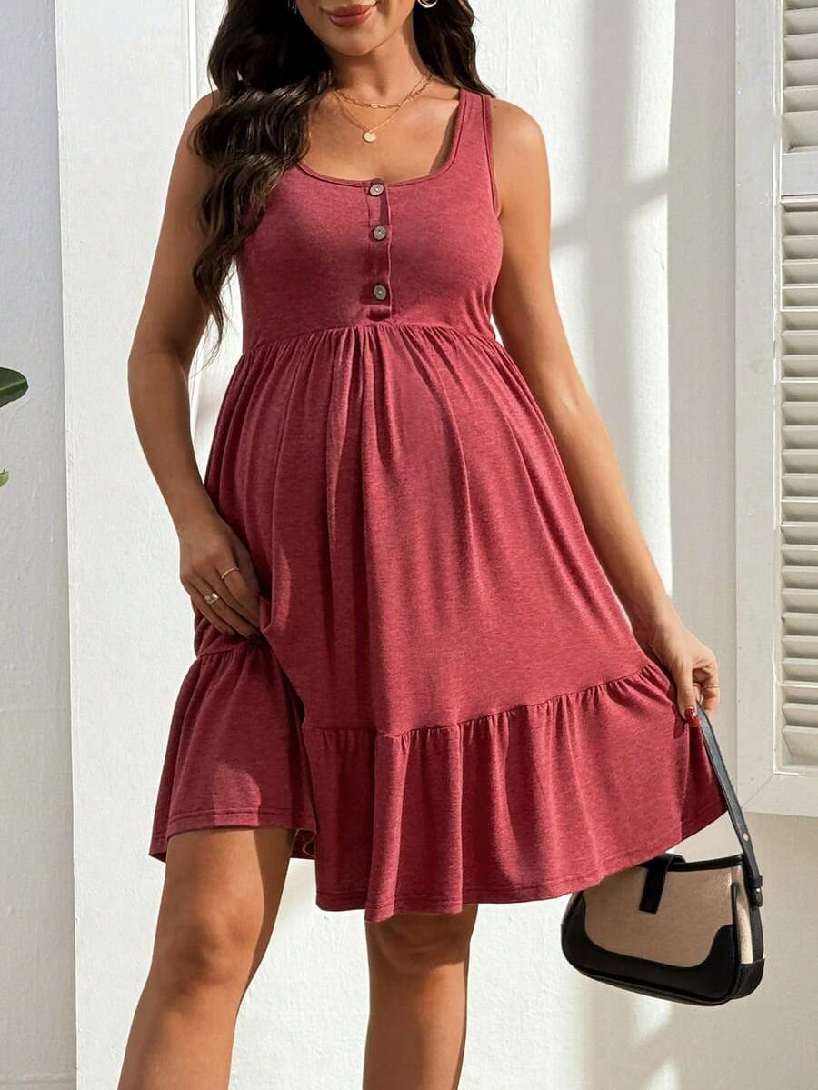 Maternity Nursing Dress - Solid Color Minimalist Sleeveless, Burgundy