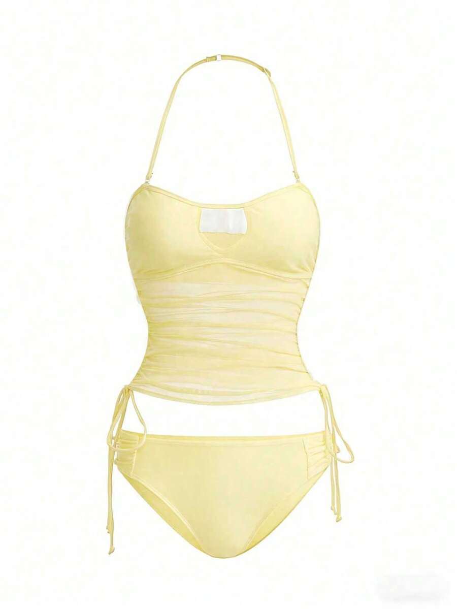 Women's 2-Piece Tankini Set - Detachable Strap Bandeau, Contrast Mesh, Navy Blue