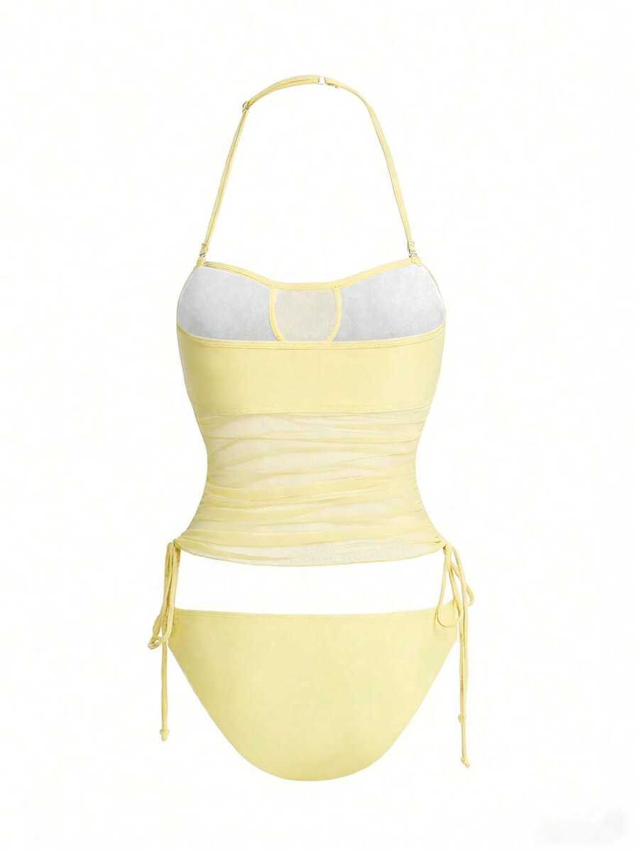 Women's 2-Piece Tankini Set - Detachable Strap Bandeau, Contrast Mesh, Navy Blue