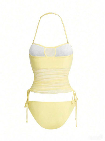 Women's 2-Piece Tankini Set - Detachable Strap Bandeau, Contrast Mesh, Navy Blue