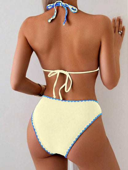 Swim Vcay Women's 2 Pieces Bikini Swimwear, Halter Neck Tie, Floral Print, Fashionable Casual Vacation Swimming Set Women Two Pieces Sets Swimwear Women Bikini Sets Swim Oasis 2 Pieces Flower Bikini Tropical Bikini Set